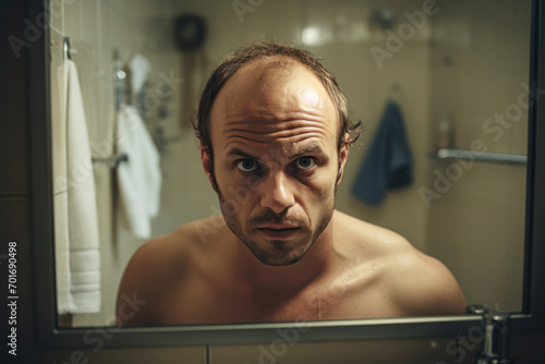 A 32-year-old Caucasian man examining his receding hairline in the mirror, bathroom setting, visible concern on his face photo