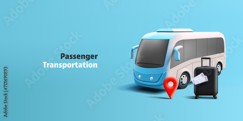 3d realistic bus render illustration with suitcase and tickets for the trip and red geo pin, blue and white colour photo