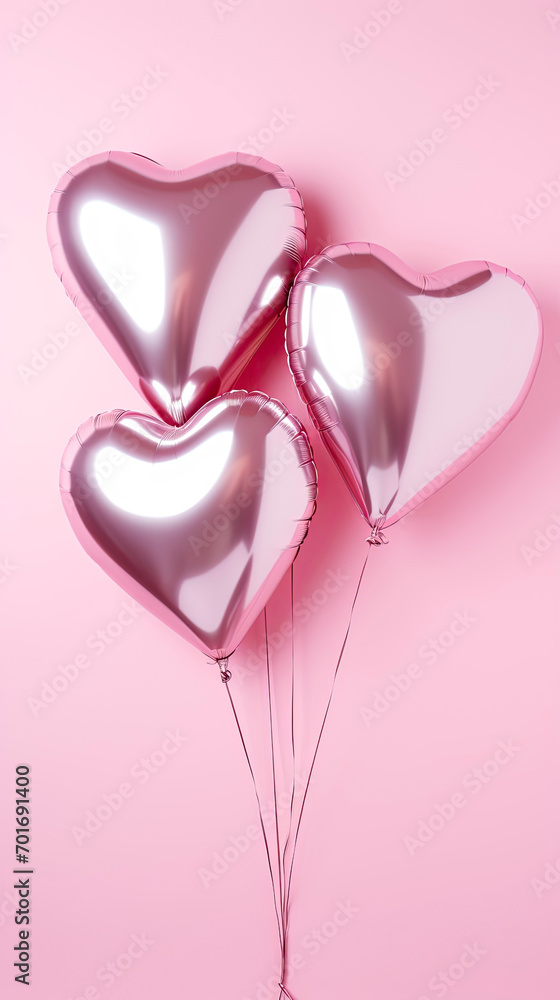 Heart shaped air balloons isolated on pink pastel background in a love valentine concept