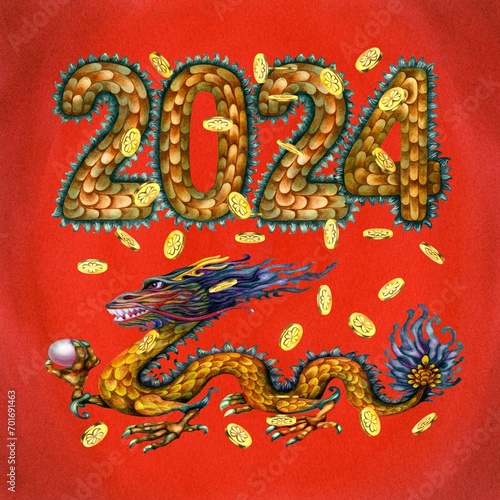 Watercolor green wooden dragon with magic pearl  numbers 2024 with dragon scales texture and gold coins with hand drawn clover. Lunar New Year symbol illustration elements isolated on red background