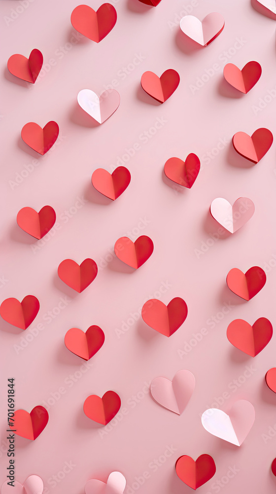 Flat lay paper cut red hearts on pastel pink background. Valentines Day, Mothers Day anniversary
