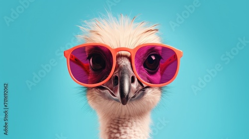 imaginative animal idea. Ostrich bird wearing sunglasses, isolated on a solid pastel background, editorial or commercial advertisement