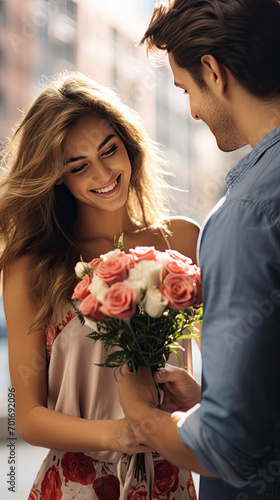 Happy young couple holding flowers dating in city blur bokeh background