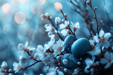 Easter eggs among cherry blossoms on a blue background