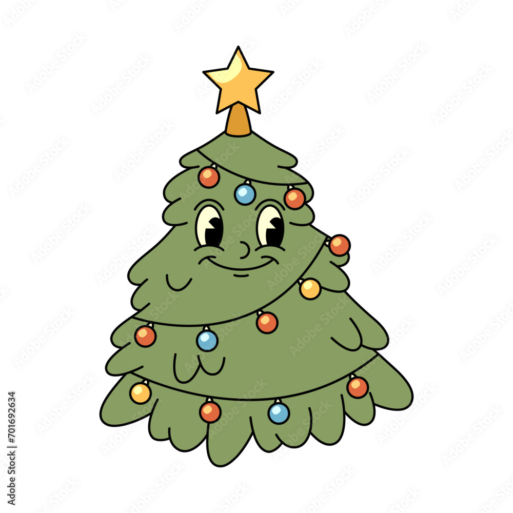 Christmas fir tree pop art icon with garland and star. Vector greeting card for happy new year or merry xmas. Funky or comic symbol for holiday greet. Smiling happy character. Winter festive clipart Christmas fir tree pop art icon with garland and star. Vector greeting card for happy new year or merry xmas. Funky or comic symbol for holiday greet. Smiling happy character. Winter festive clipart