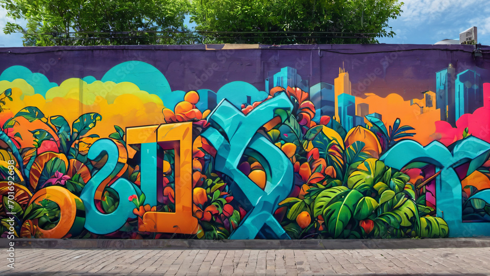 a colorful wall with a large word painted on it's side and trees in the background, and a blue sky and clouds, graffiti, public works mural,graffiti art
