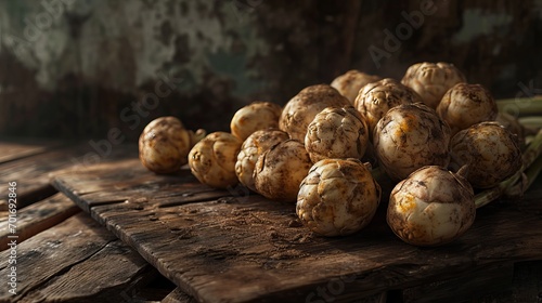 Freshly harvested sunchoke tubers, organic Jerusalem artichokes on rustic wooden table with earthy textures photo
