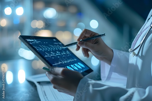 Medicine doctor write electronic medical record on tablet. Digital healthcare and network connection on hologram modern virtual screen interface, insurance, technology and network. generative AI photo