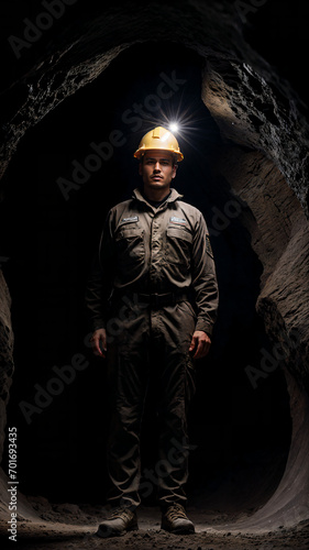 ai generated portrait of a man wearing an miner dress inside a cave,