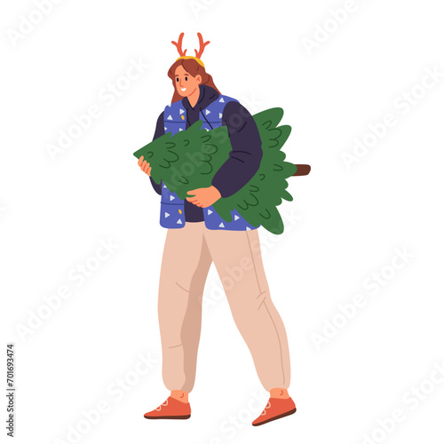 Cartoon vector image of woman with fir tree. Sign for women preparing to new year and Christmas holiday. Female character buy plant for Xmas. Mall or shop, store winter purchase. Shopper character