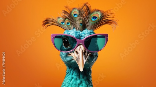 imaginative animal idea. Peacock bird wearing sunglasses  isolated on a solid pastel background  editorial or commercial advertisement