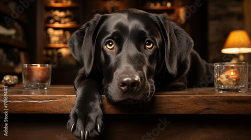 Beautiful black labrador young dog close up portrait with expressive sad eyes, posing in a warm interior parlor illuminated by candles and warm dim lights © acrogame
