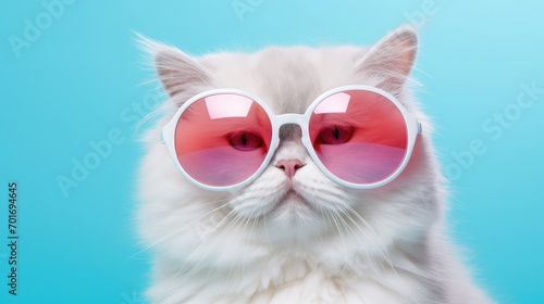 imaginative animal idea. Persian cat kitten kitty wearing sunglasses, isolated on a background of plain pastel color, for use in advertising or in editorials