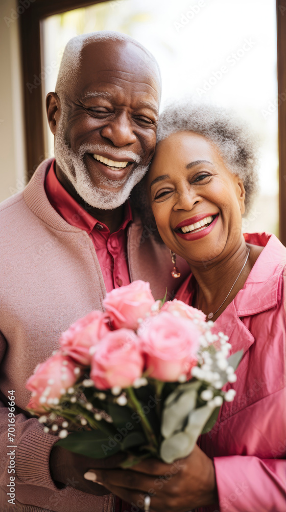 Lovely senior african american husband giving bouquet of flower to his wife Lovely senior african american husband giving bouquet of flower to his wife