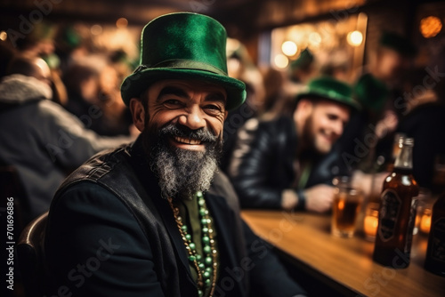 Handsome bearded man in a green leprechaun hat with a beard posing in a pub