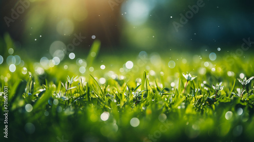 Green grass with dew drops in sunlight, shallow depth of field