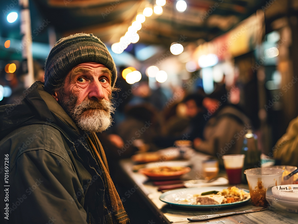 homeless man sitting at a table in an outdoor dining room surrounded by other people