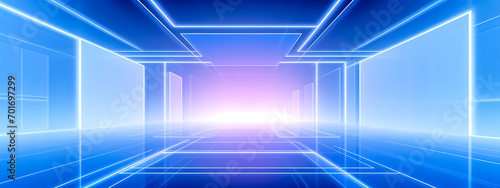 futuristic virtual corridor with a neon blue aesthetic, creating an illusion of depth leading towards a bright light at the end, providing a sense of an unreal digital world with ample copy space
