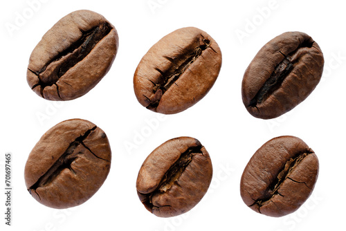 Collection of various coffee beans isolated on white background, top view. Top view of coffee beans isolated on white background. Coffee beans isolated on white background. photo
