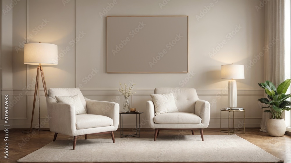 interior design living room with red chair and picture mockup on a wall and a white chair interior design living room with red chair and picture mockup on a wall and a white chair