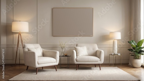 interior design living room with red chair and picture mockup on a wall and a white chair