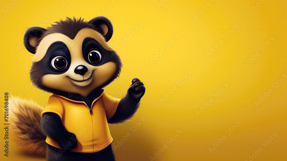 cute cartoon character happy raccoon points paw at copy space on an yellow isolated background