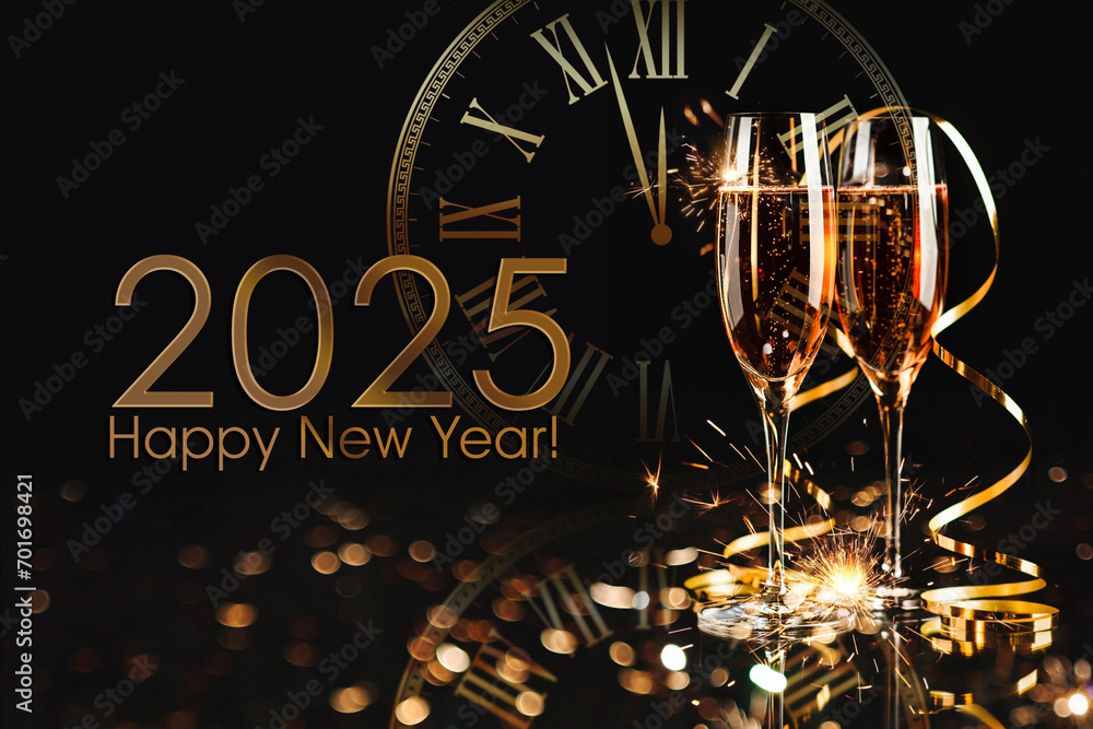 Happy New Year! A golden bucket with champagne, two glasses and a golden serpentine against the background of a clock face.