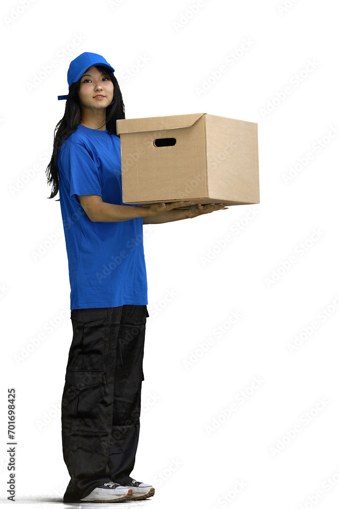 Delivery girl, on a white background, full-length, with a box Delivery girl, on a white background, full-length, with a box