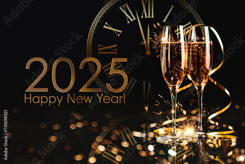 Obraz na płótnie Happy New Year! A golden bucket with champagne, two glasses and a golden serpentine against the background of a clock face. w salonie