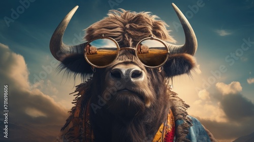 imaginative animal idea. The image of a buffalo wearing sunglasses is strange. It is from a commercial or editorial advertisement photo