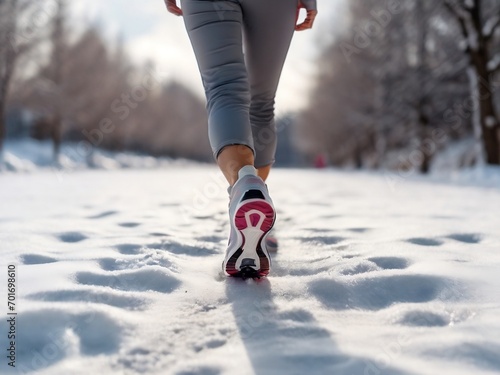 View of a woman's legs with sports shoes jogging in the snow, leaving behind footprints in the cold, winter landscape