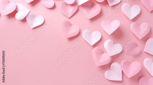 Romantic pink paper hearts cuts isolated on pastel pink background. Generate AI image