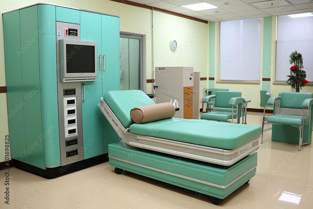 Hospital room with teal equipment, bed, and chairs, designed for patient comfort Hospital room with teal equipment, bed, and chairs, designed for patient comfort