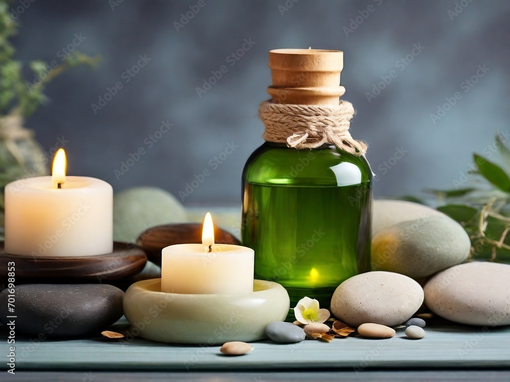 A serene spa setting with a grey background adorned with massage stones and exotic flowers, creating a tranquil and rejuvenating atmosphere. A serene spa setting with a grey background adorned with massage stones and exotic flowers, creating a tranquil and rejuvenating atmosphere.