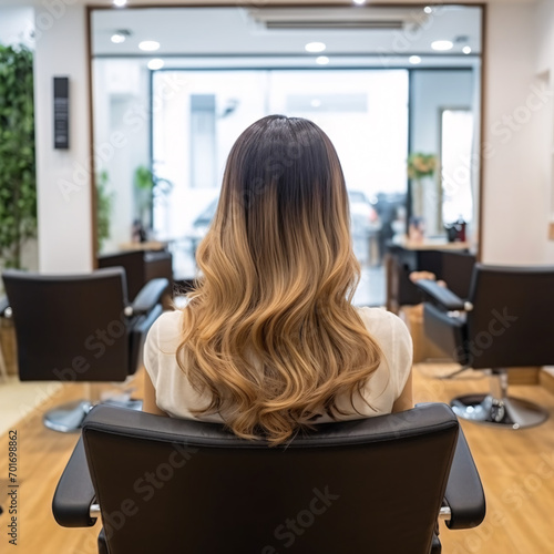 A hair model with beautiful blonde hair in a salon.