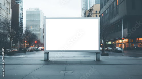 Blank billboard on city street at dusk, urban advertising space. Marketing and promotion concept. Generative AI photo