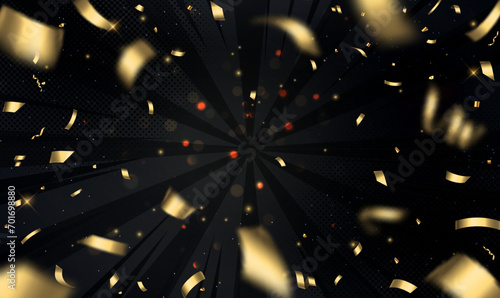 Gold confetti explosion with bokeh dust particles on black background. Sparkling confetti particles. Flying shiny particles. Luxury background for party, celebrate, invitations, greeting, Vector EPS10