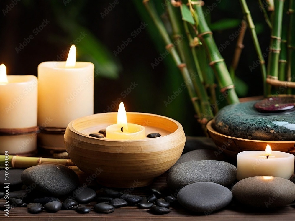 A serene spa setting with a grey background adorned with massage stones and exotic flowers, creating a tranquil and rejuvenating atmosphere. A serene spa setting with a grey background adorned with massage stones and exotic flowers, creating a tranquil and rejuvenating atmosphere.