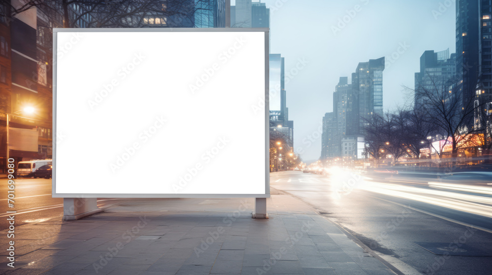 Illuminated empty billboard on busy city street at night. Outdoor advertising and communication concept. Generative AI Illuminated empty billboard on busy city street at night. Outdoor advertising and communication concept. Generative AI