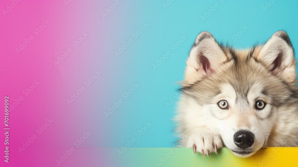 imaginative animal idea. Wolf peeping through a colorful, pastel background. ads, banners, and cards. text space to copy. birthday invitation wording