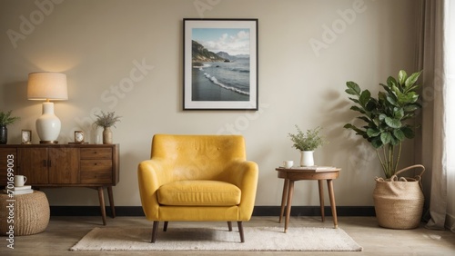 interior design living room with red chair and picture mockup on a wall and a yellow chair © Viktor