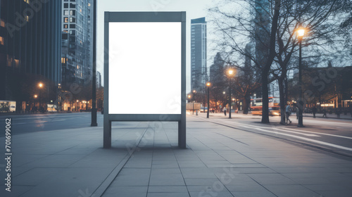 Evening cityscape with a lit sidewalk billboard and a street lamp glow. Urban design concept Generative AI