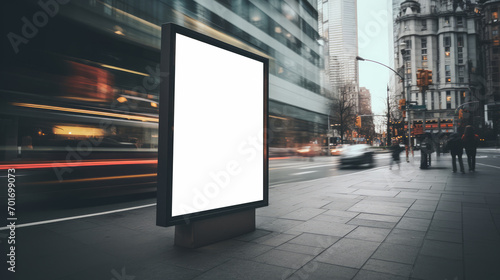 Illuminated blank billboard on a city street at dusk. Outdoor advertising concept. Generative AI photo