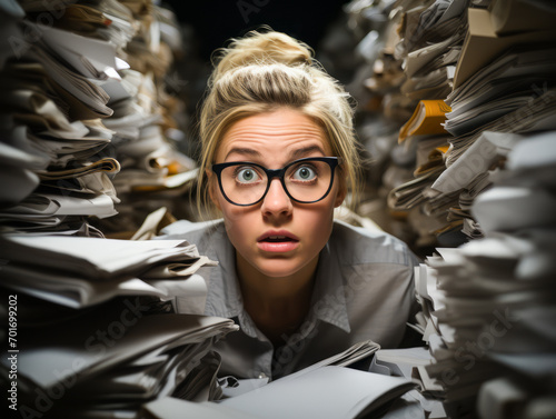 A businesswoman who is an accountant, blonde in glasses buried in paperwork, office chaos theme. Generative AI photo