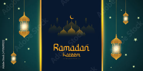 Ramadan Kareem wishes, or greeting banner Ramzan Islamic green background design with lamp, mosque dark color social media wishing banner, poster vector illustration