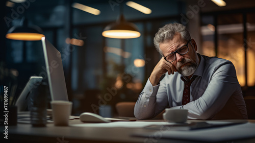 Senior businessman with stress headache in evening office. Corporate fatigue concept. Generative AI photo