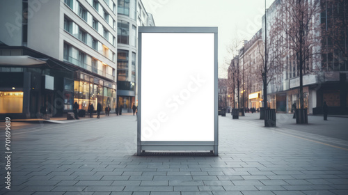 Blank advertising billboard in a modern urban plaza during the day. Marketing and communication concept. Generative AI