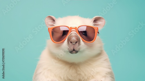 imaginative animal idea. Wombat in sunglasses with shaded lenses, isolated on a solid pastel background, editorial or commercial advertisement