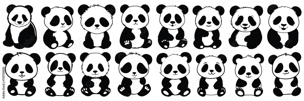 Obraz premium Panda silhouettes set, large pack of vector silhouette design, isolated white background