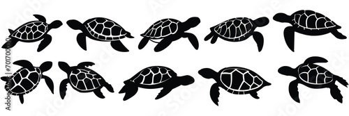 Sea turtle caretta silhouettes set, large pack of vector silhouette design, isolated white background